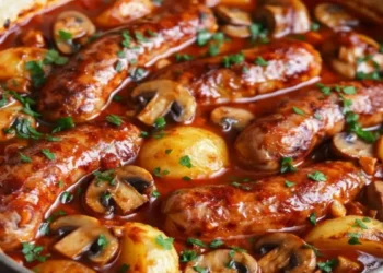 saucisses-de-toulouse-champignons-et-pommes-de-terre-au-four-sauce-tomate-a-lail