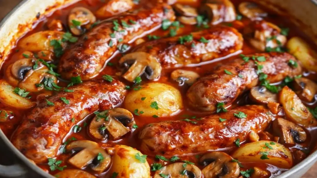 saucisses-de-toulouse-champignons-et-pommes-de-terre-au-four-sauce-tomate-a-lail